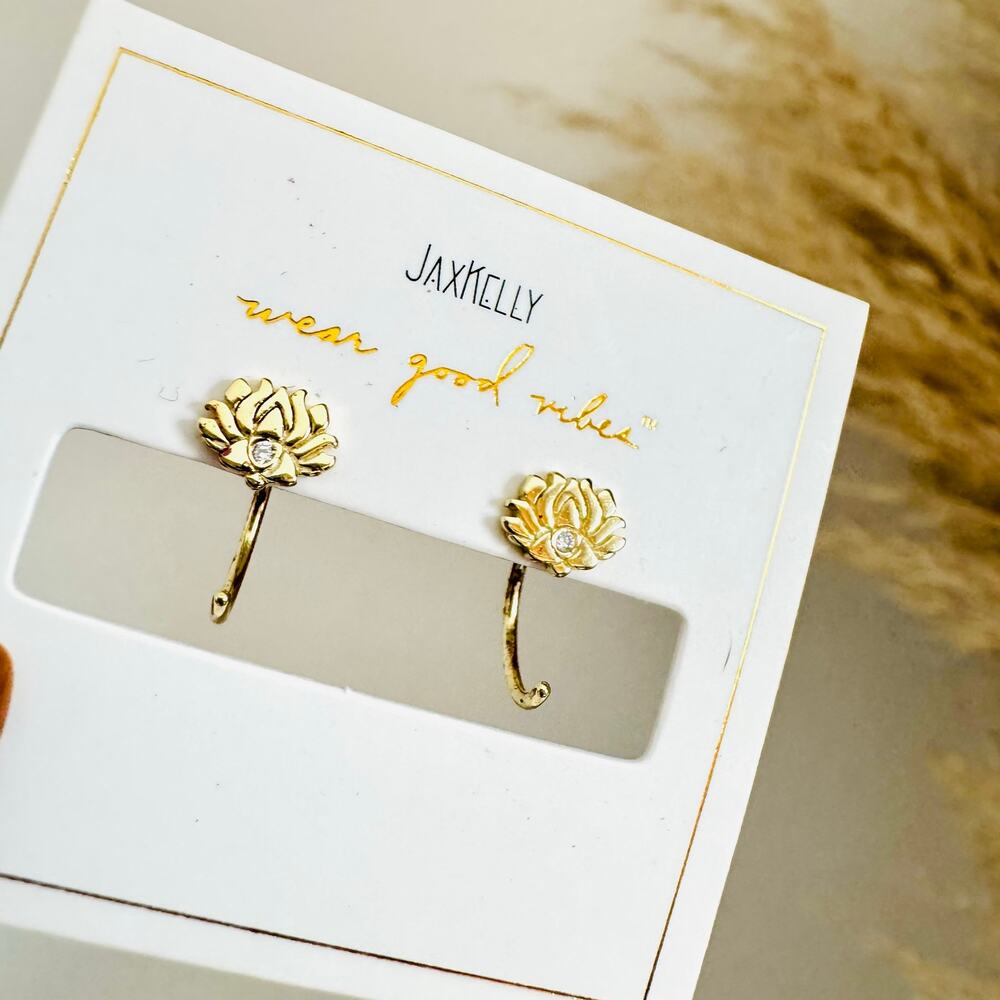 NEW ANTHROPOLOGIE Lotus Flower Icon 18kt Gold Tiny White CZ Stone Hoop Earring - Picture 5 of 9